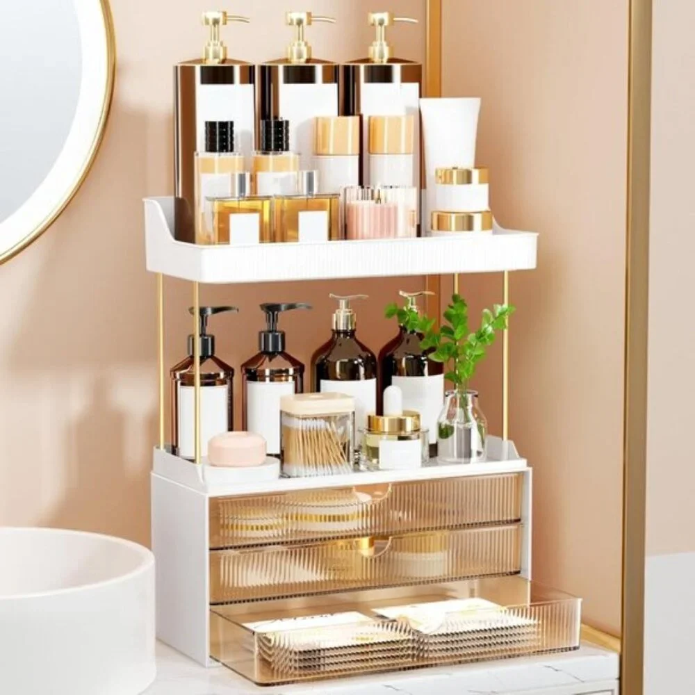 New 3-Drawer Makeup Organizer, 5-Tier Vanity & Skincare Storage in Amber
